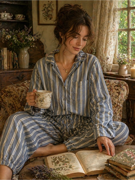 Garnet Hill Other - Garnet Hill 100% organic cotton Blue and Cream Striped Women's Pajama Set